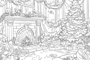 Naklejka premium Festive Fireplace Room Sketch