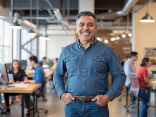 A smiling middle-aged man in a denim shirt stands confidently in a busy office, with blurred coworkers in the background.