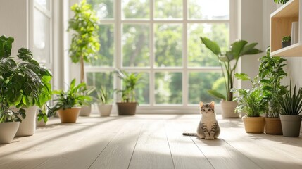 Fototapeta premium Bright Scandinavian-style room with minimalistic and clean design. The room features light wooden floors, white walls, and an abundance of natural light streaming through large windows. Several lush 