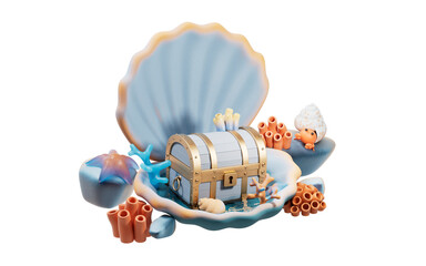 Treasure box underwater with cartoon style, 3d rendering.