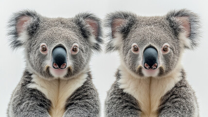 Obraz premium Two adorable koala bears gazing directly at the camera, their soft fur and curious eyes creating a heartwarming and captivating image against a bright white background.