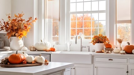 Bright white kitchen with autumn decor and pumpkins, natural window light