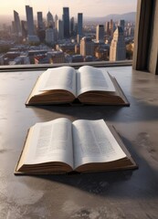 Obraz premium Two open books on a floor with a cityscape background, city, study, bookshelf