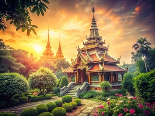 Vintage Photo: Golden Thai Pagoda Temple, Ancient Architecture, Southeast Asia