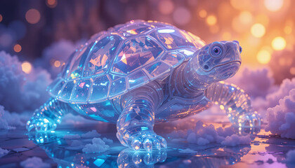 realistic tortoise with its entire shell and skin crafted from transparent crystal, creating a see-through effect.