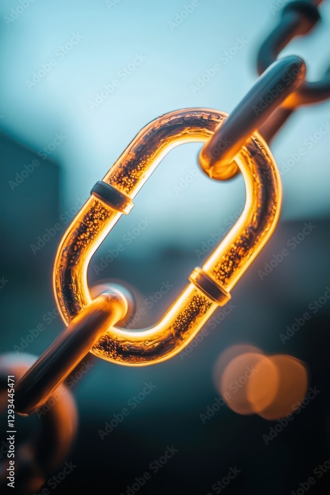 Poster blockchain tech symbolized by a glowing chain link over a minimalist background.