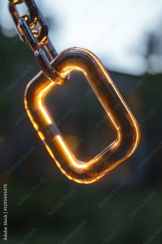 Poster bright chain link illustrates blockchain technology's potential on a blurred backdrop.