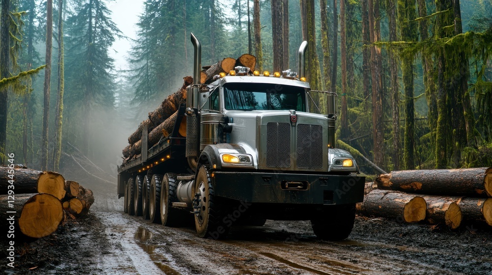 Aufkleber heavy logging truck transporting timber through dense forest with green trees and misty atmosphere
