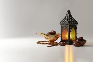 Ramadan food and drinks concept. Ramadan Lantern with arabian lamp, wood rosary, dates fruit and lighting on white background