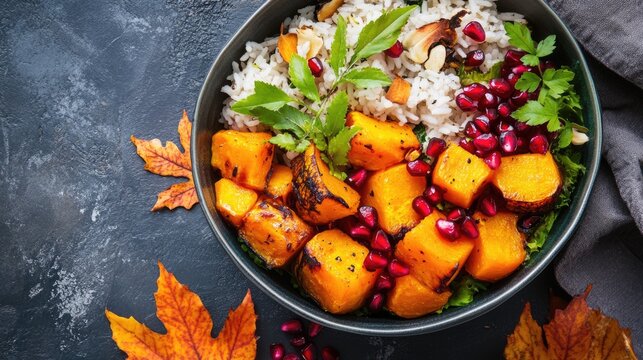 Roasted Pumpkin, Rice, and Pomegranate Autumn Bowl