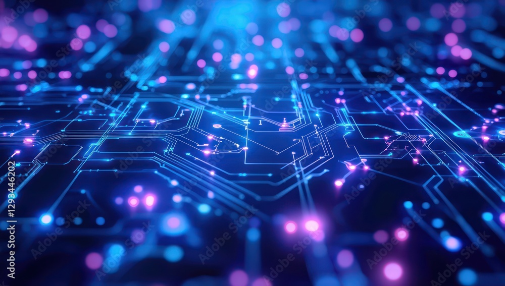 Poster modern technology's complexity emphasized through a circuit board visual in blue and purple hues.