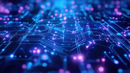 Modern technology's complexity emphasized through a circuit board visual in blue and purple hues.