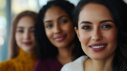Fototapeta premium Close-up portrait of smiling women from different ethnicities standing side by side in an office setting, looking at the camera with determination and confidence. The image highlights diversity