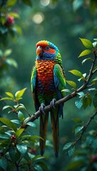 Obraz premium Vibrant parrot perched on a branch with intricate foliage, , colorful parrot