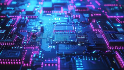 Circuit board visual in blue and purple, showcasing the complexity of contemporary technology.