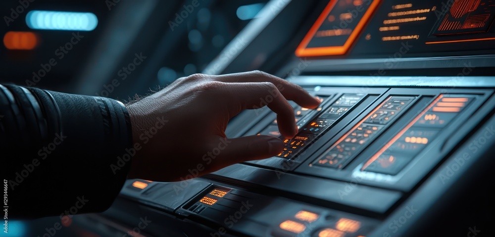 Poster hand interaction with a computer depicted during a high-stakes, tech-focused moment.