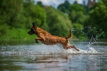 Belgian shepherd Malinois running in the water with splashes of water in its mouth