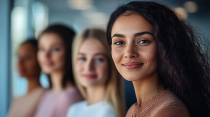 Obraz premium Close-up portrait of smiling women from different ethnicities standing side by side in an office setting, looking at the camera with determination and confidence. The image highlights diversity