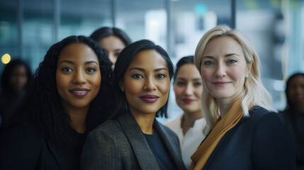 Obraz premium Close-up portrait of smiling women from different ethnicities standing side by side in an office setting, looking at the camera with determination and confidence. The image highlights diversity