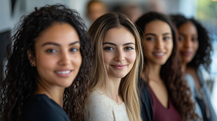 Obraz premium Close-up portrait of smiling women from different ethnicities standing side by side in an office setting, looking at the camera with determination and confidence. The image highlights diversity