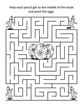 Easter maze game and coloring activity page for kids: Help each pencil get to the middle and paint the eggs!
