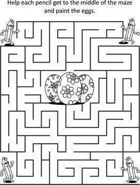 Easter maze game and coloring activity page for kids: Help each pencil get to the middle and paint the eggs!
