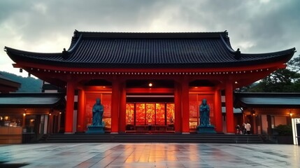 Fototapeta premium Traditional japanese temple illuminated at dusk with statues guarding entrance