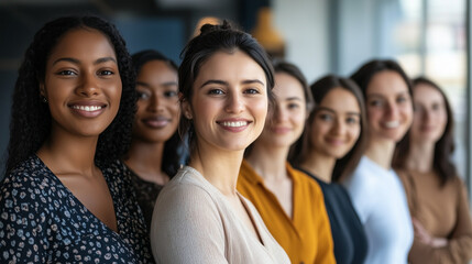 Fototapeta premium Close-up portrait of smiling women from different ethnicities standing side by side in an office setting, looking at the camera with determination and confidence. The image highlights diversity