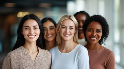 Fototapeta premium Close-up portrait of smiling women from different ethnicities standing side by side in an office setting, looking at the camera with determination and confidence. The image highlights diversity