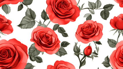 Seamless floral pattern with red roses and green leaves on white background for elegant design