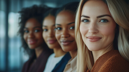 Fototapeta premium Close-up portrait of smiling women from different ethnicities standing side by side in an office setting, looking at the camera with determination and confidence. The image highlights diversity