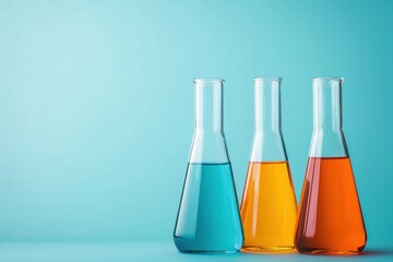 Three flasks with colorful liquids on a blue background. Concept of science, chemistry, and medicine.