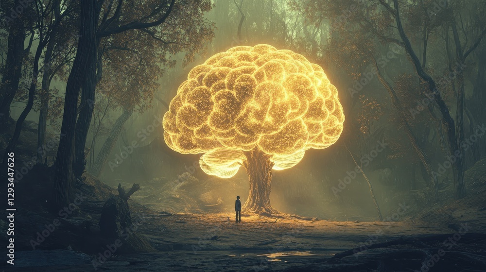 Poster enigmatic forest scene with glowing tree symbolizing knowledge and enlightenment in surreal landscap
