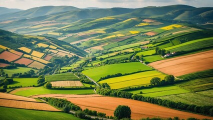 Fototapeta premium Green Landscape View with Fields and Hills. Aerial scenery includes yellow, brown, and green fields. Winding road and scattered houses visible.