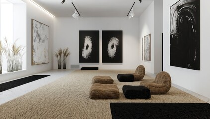Coir-toned room with black and white art under mood lighting, 3D rendered.