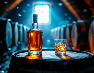 Glass of whiskey and bottle of whiskey on top of  wooden barrel in cellar.