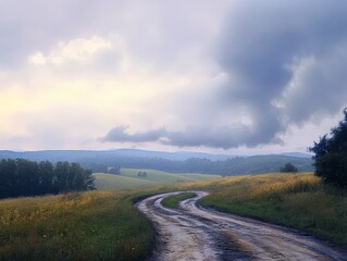 Serene Country Road Under Soft Clouds in Early Morning Light