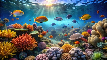 Warm coral reef landscape with tropical fish swimming in the foreground, seaside, underwater scene