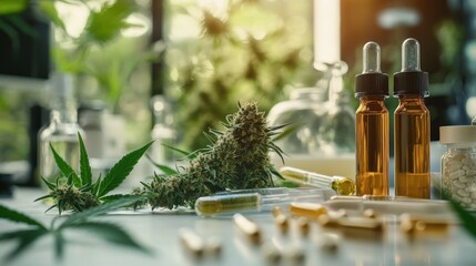 cannabis oil bottles, dried cannabis flower, capsules and scientific equipment on lab table. concept of medicinal marijuana research and natural healthcare. legalization, alternative medicine
