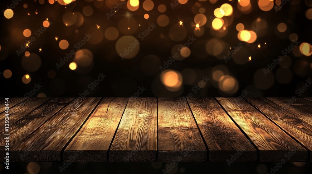 Poster wooden table with glowing bokeh lights in warm tones, creating a festive and cozy atmosphere. holida