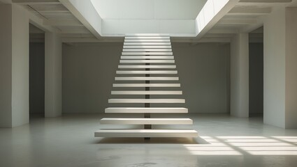 Obraz premium White stairs in bright open space. Sunlight shines through window on floor of empty room with white columns and concrete ceiling.