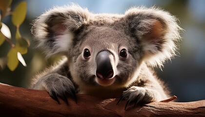 Fototapeta premium Curious Koala in a Gumtree at Twilight, Capturing the Serene Australian Bushland with a Touch of Enigmatic Mystery and Soft Golden Light.