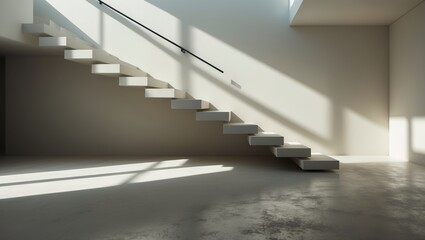 Minimal white stairs interior. Modern house design. Sunlight shines on steps. Concrete floor. Black metal handrail. Architectural photo.