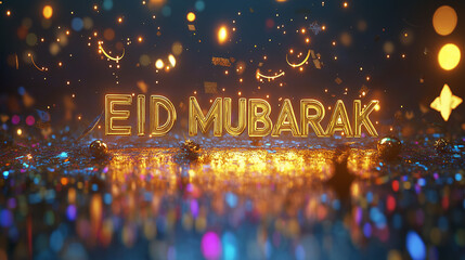 Glowing Golden Eid Mubarak Festive Celebration Design Abstract Background Shiny Sparkling Lights Bokeh Effect Bright Holiday Greeting Card 3D Render Illustration Digital Art Graphic Festive Party     