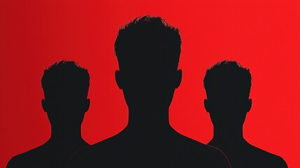 Three silhouettes of men on a red background. Concept of teamwork, group, and collaboration.