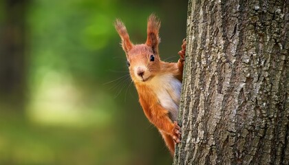 Curious Red Squirrel Peeking Behind a Rustic Tree Trunk Vibrant Forest Mood, Detailed Textures, and Playful Energy in the Dappled Sunlight