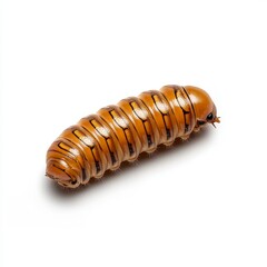 Close up view of a yellowish brown caterpillar with dark brown markings on a white background. The caterpillar has a segmented body and visible tiny