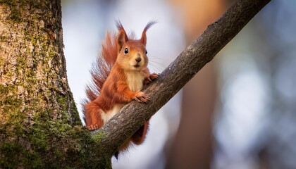 Curious Red Squirrel Perched on Tree Bark, Capturing a Whimsical Moment in the Forests Winter Glow