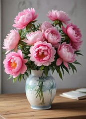 Obraz premium Watercolor peony flowers in a vase on a wooden table, rustic charm, delicate petals, arrangement
