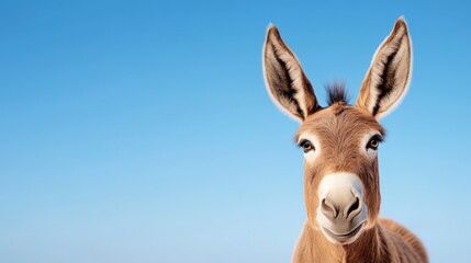 Obraz premium Close up portrait of a light brown donkey against a clear blue sky. The donkey is looking directly at the camera with a curious expression